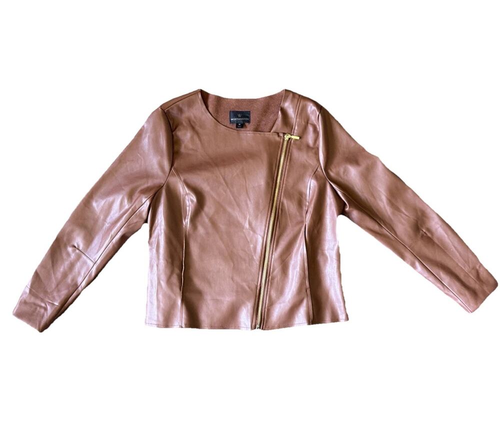 Worthington Moto Jacket Sz M Cognac Faux Leather Biker Gold Zip Minimalist Retro